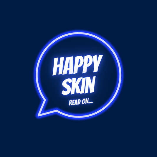 Doodle Skincare What Is Happy Skin? Blue with neon call out.