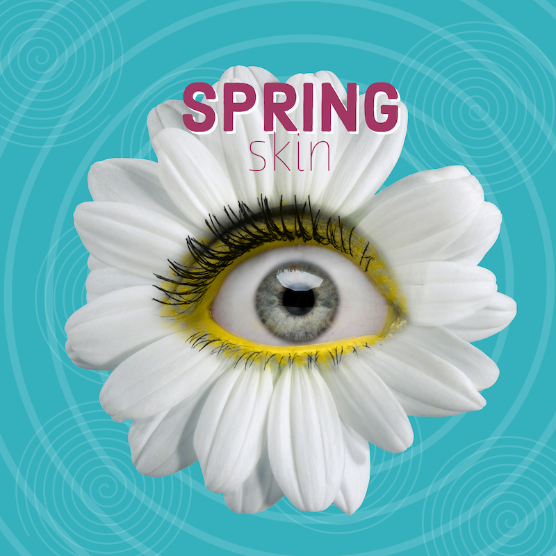 Doodle Skincare Spring Skin. Teal background with white swirls. Large white daisy flower with human eye. Yellow eyeshadow and dark black lashes. - Do you need to adjust your skincare routine for the change in season?