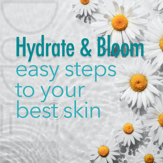 Doodle Skincare Post Hydrate & Bloom - easy steps to your best skin. Blue text over white background of water and white daisy flowers with yellow centres.