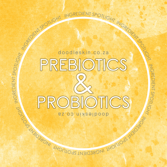 Doodle Skincare Prebiotics and Probiotics. What are they and what do they do for your skin? Yellow with white text.